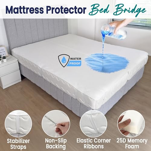 Image of 2-in-1 Bed Bridge Twin to King Converter with Waterproof Mattress Protector & Elastic Straps | Split King Gap Filler for Adjustable Bed | Non-Slip Bottom | 75 inch