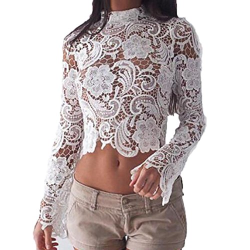 TOPUNDER Sexy Lace Tops for Women Long Sleeve Embroidered See Through Tee Shirt Blouse White