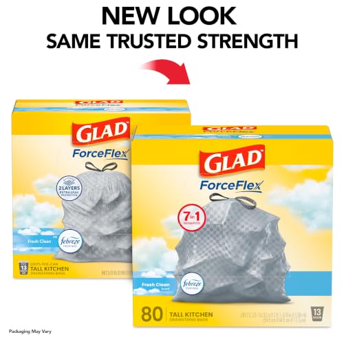 Glad Trash Bags, ForceFlex Tall Garbage Bags, 13 Gallon Grey Trash Bags for Tall Kitchen Trash Can, Fresh Clean with Febreze Freshness to Eliminate Odors, 80 Count (Packaging May Vary) - image 2