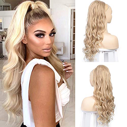 Earfodo Wavy Ponytail Extension Drawstring Ponytail Hair Extensions for Women Blonde Synthetic Hair(24/613#)