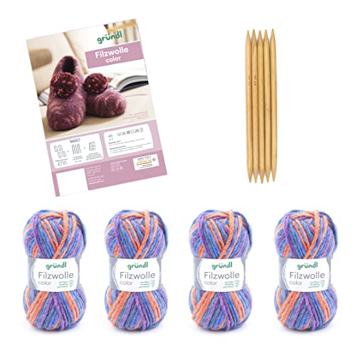 Gründl Wolle Filzwolle color - Dicke Wolle zum Filzen in der Waschmaschine für 1 Paar Hausschuhe mit Anleitung und Nadel - Weich und hautfreundlich - 100% Schurwolle - 4 Knäuel 50 g/50 m - flieder