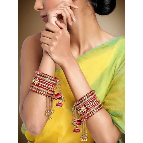 Image of Peora Velvet Matching Kundan Floral Silk Thread Chura Maroon Bangle Set Gift for Women, 2.8 Inch
