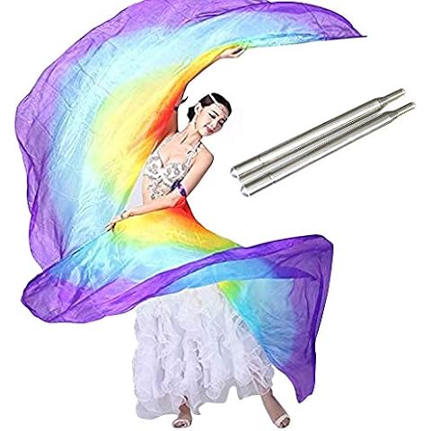 KIKIGOAL 100% Silk Belly Dance ISIS Wings Scarf Veil Fan with Telescopic Stick for Halloween Carnival Performance 1.4x2.7cm (Gradual Purple) Cover