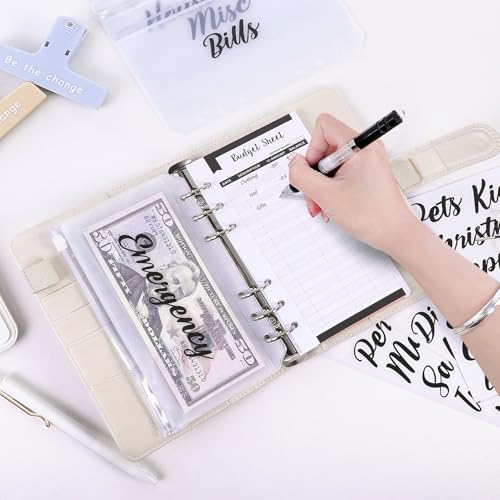 Image of SKYDUE Budget Binder with 8pcs Zipper Envelopes, Money Organizer for Cash with 12pcs Expense Budget Sheets & 24 Blak Sticky Labels, Budget Book with Cash Envelopes (Creamy Oatmeal)