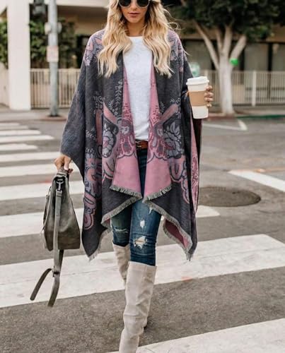Image of Bestshe Women's Boho Open Front Poncho Plaid Shawl Wrap Cape