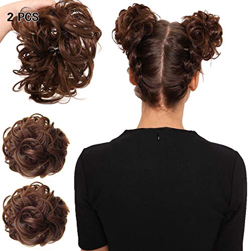 2-Pieces Messy Bun Hair Piece, Updo Messy Hair Extensions, Hair Scrunchies for Women, Rose Bun Hair Scrunchies Curly Hair Bun Hairpiece (Darkest Brown & Light Auburn Mixed)