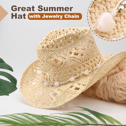 Image of DRESHOW Straw Cowboy Cowgirl Hat for Women Men Western Coastal Cowboy Beach Hat with Shapeable Brim Unisex Rolled up Caps