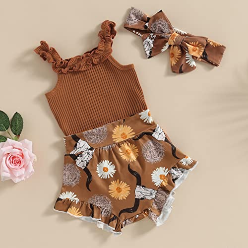 Infant Baby Girl Summer Clothes Set Solid Color Off Shoulder Romper Tops Bull Print Shorts Head Band 3Pcs Infant Outfits3