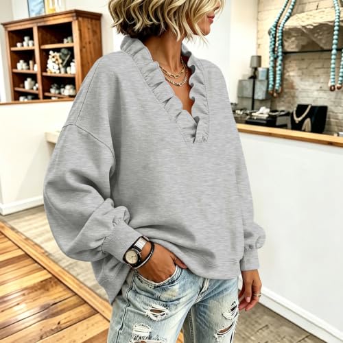 Elneeya V Neck Sweatshirt Women Oversized Ruffled Cute Fall Sweatshirt - image 5