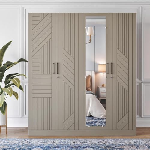 Image of Wakefit Tyrian Plus 4 Door with 4 Shelves 2 Drawers 2 Hanging Areas 1 Mirror SH2-Carcass: Pumic Grey Shutter: Creamy Brown