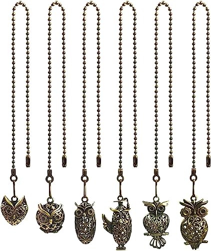 Hyamass 6pcs Vintage Different Owl Hollow Out Charm Pendant Ceiling Light Fan Danglers Light Fan Pulls Chain Extender with Ball Chain Connector