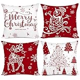 Artmag Red Christmas Throw Pillow Covers - 16x16 Set of 4 Decorative Holiday Farmhouse Pillow Covers with Merry Christmas, Trees, Deer, Snowman Designs