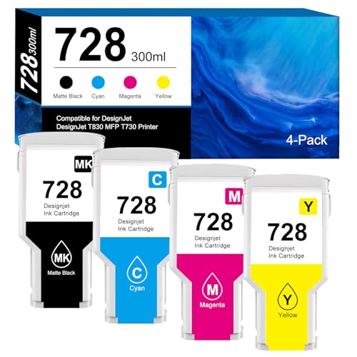 Cartouches HP 728 compatibles 300ml lot de 4 pour DesignJet T830 T730