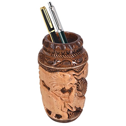 Image of Craft Trade 13x7 Cm Round Carved Wood Animal Pattern Pancil Holder - Two Tone