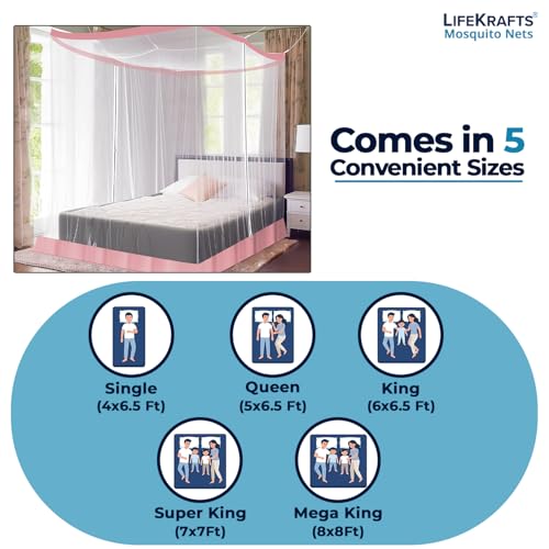 Image of LifeKrafts Bed Mosquito Net - Super King Size Polyester Machardani (7ft x 7ft,Elegant White with Pink Border) | Double Zipper Entry | Washable & Durable Net for Peaceful Sleep