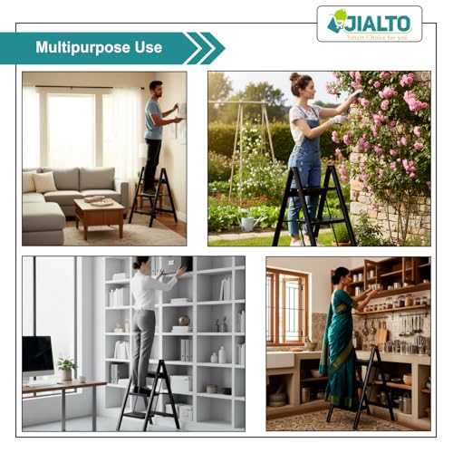 Image of JIALTO 3 Step Metal Ladder for Home, Foldable Lightweight Stepping Stool with Wide Pedals, Anti Slip Heavy Duty 150 Kg Capacity, Portable for Kitchen, Office & Library (Matte Black)