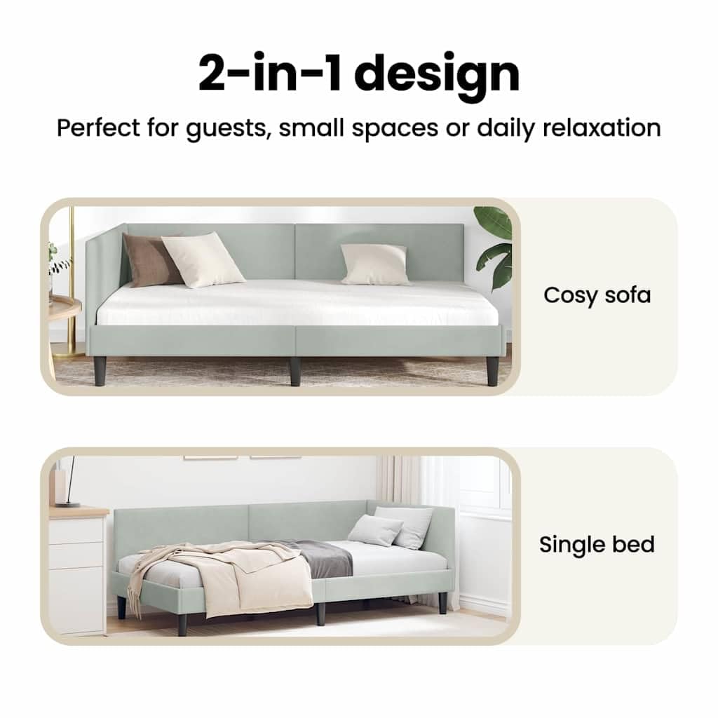 vidaXL Rama łóżka narożnego Jasnoszary 90 cm x 200 cm Aksamit