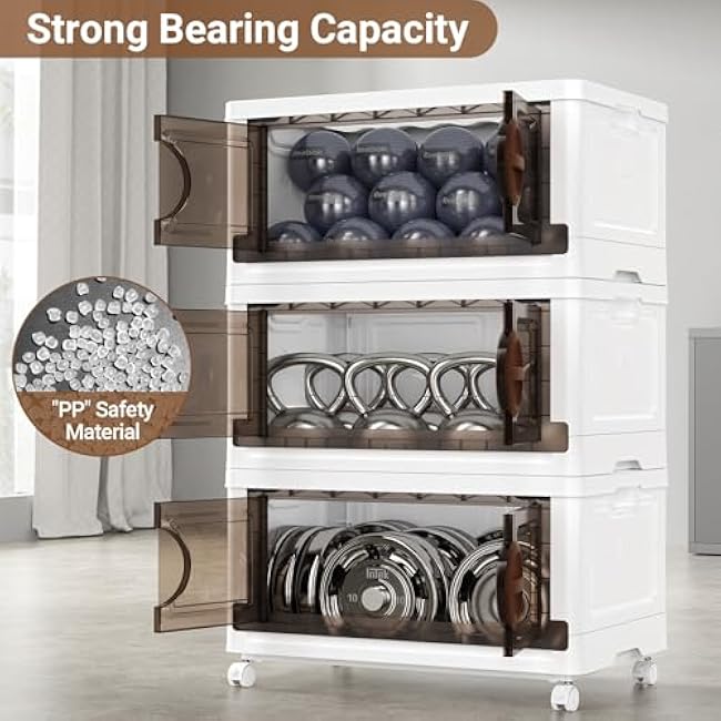 480Qt Lockable Stackable Storage Bins with Lids, Closet Organizers and Storage Drawer, Collapsible Storage Bin with Wheels, Plastic Cabinet for Toy Clothes Dorm Organizer, V9 4 Pack Brown