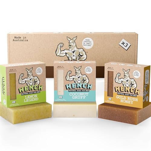 HENCH – Mens Soap Bar 3 Pack Natural Soap for Men Exfoliating & Moisturising No Palm Oil Free & No Harsh Chemicals Soothes Dry Irritated Skin Men's Gift Set (3pk LL/GRH/CG)