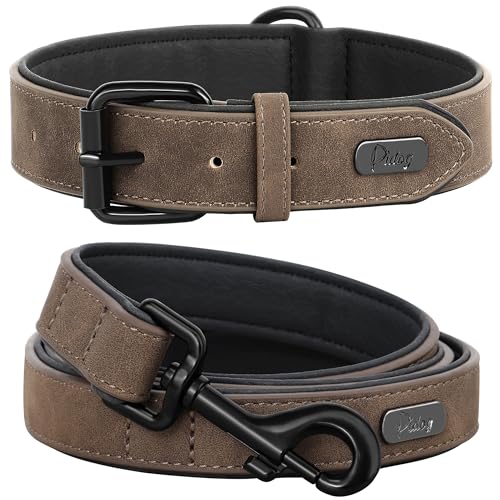 Image of Didog PU Leather Dog Collar and Leash Set, Soft Padded, Brown, Neck 18-22 inch