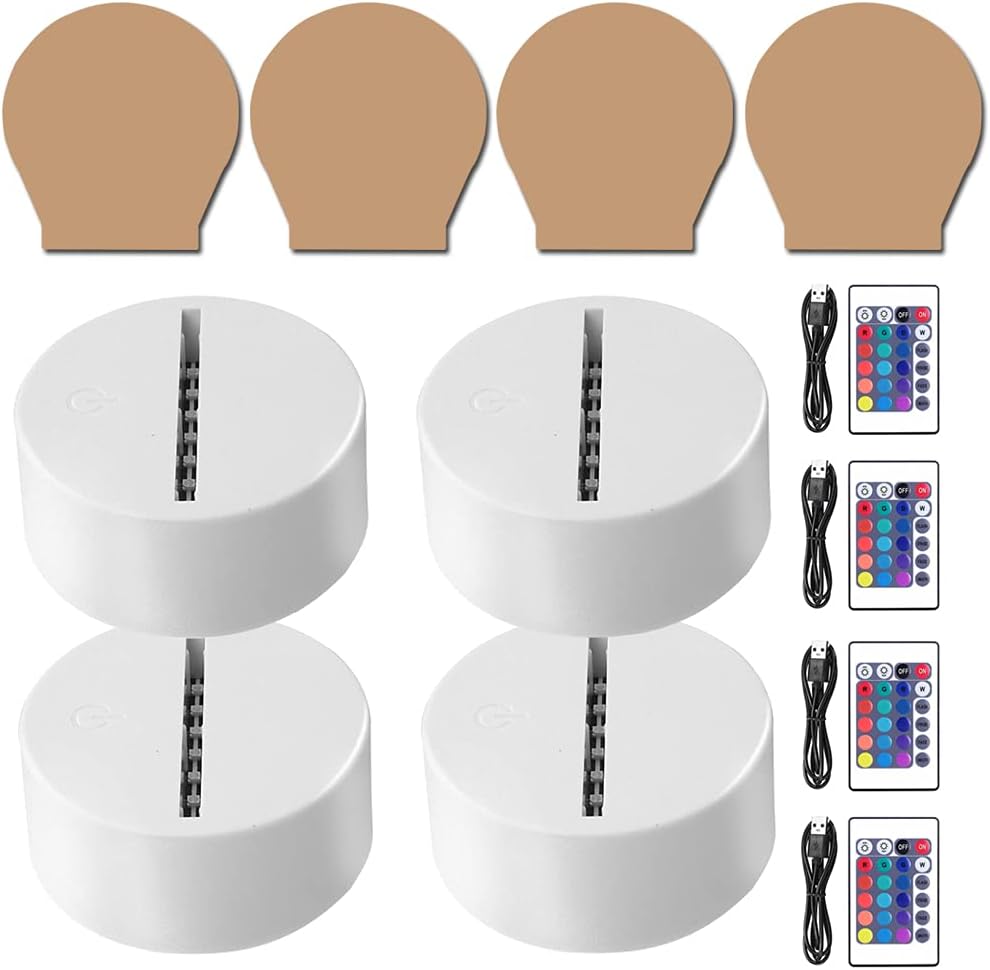 4 Sets 3D Night LED Light Lamp Base, Large Size LED Base for Acrylic16 Colors LED Light Base with Remote Control and USB Cable for Bedroom Child Room Restaurant Shop (4-Set Round Black)