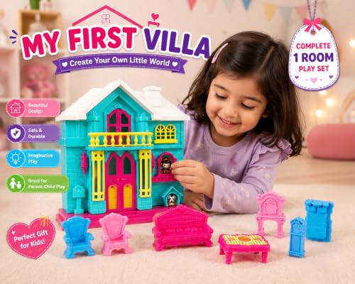 Image of My First Villa Portable Dollhouse Playset for Kids | Vibrant Pretend Play Toy Home with Balcony, Windows, and Openable Doors | Birthday Gift for Girls & Toddlers (Blue & Pink) (Green)