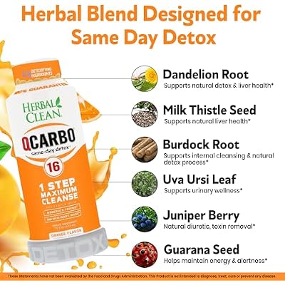 Herbal Clean Qcarbo16 Same-Day Detox Cleanse Drink (16 fl oz) - Orange Flavor Full Body Cleanse* Detox Drink for Moderate Toxin Level*, Vitamin B2 and Vitamin B12 for Men & Women