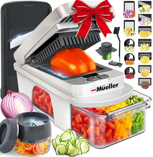 Mueller Pro-Series All-in-One, 12 Blade Mandoline Slicer for Kitchen, Food Chopper, Vegetable Slicer and Spiralizer, Cutter, Dicer, Grater, Kitchen Gadgets Sets with Container, White Sand/Gray