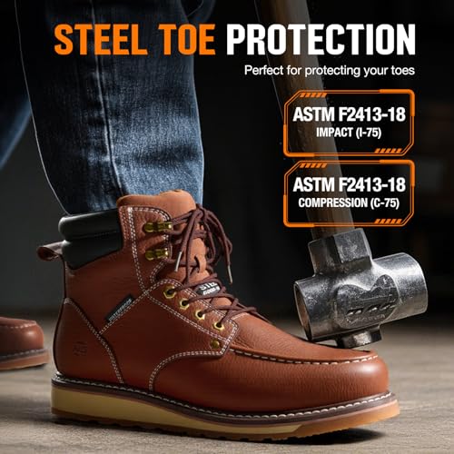 Image of NINGO Steel /Soft Toe Work Boots for Men, 6 Inch Waterproof Mens Wedge Moc Toe Boots, Full-Grain Leather, Oil and Slip-Resistant Safety Boots, EH Protection,Work Boots for Construction, Industrial