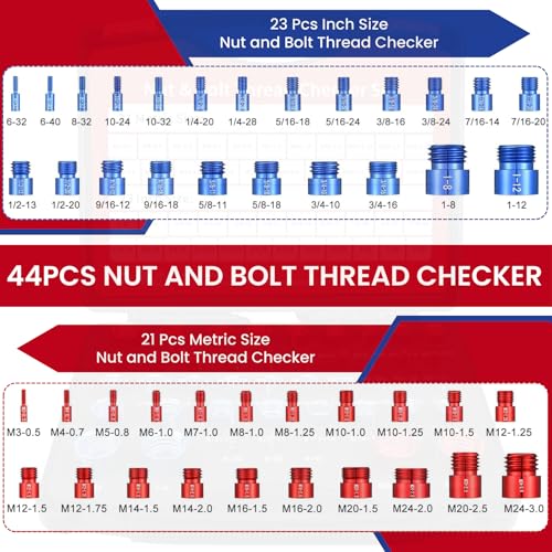 Image of Thread Checker, 44pcs Nut and Bolt Thread Checker, 23 SAE & 21 Metric Box Set Thread Gauge, Nut and Bolt Identifier Gauge Suitable for Size Checker of Bolts or Nuts in Narrow Areas
