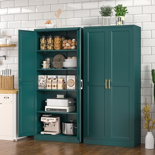 Image of Polup Kitchen Pantry Cabinet, 71 Inch Tall Metal Pantry Cabinet with Doors and Adjustable Shelves, Freestanding Food Cupboard, Storage Cabinets for Dining, Living Room, Green-Teal, Assemble Required