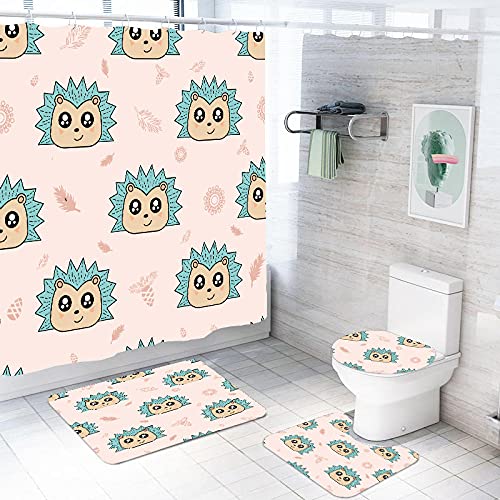 ZDDWLDL 4Pcs Duschvorhänge Set Mit Rutschfesten Teppichen,Toilettendeckel und Badematte Rosa Khakigrüner Cartoon-Tier…