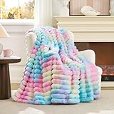 Cozy Bliss Faux Fur Throw Blanket for Couch, Cozy Warm Plush Striped Blanket for Sofa Bedroom Living Room, 50 * 60 Inches Tie-dye Rainbow