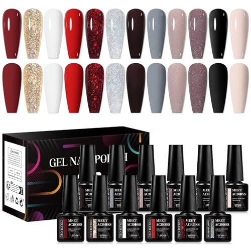 MEET ACROSS Black White Red Gel Nail Polish Set, 12 Colors Nude Grey Glitter Sliver Gold Red Gel Polish for All Seasons Soak Off Nail Art Lamp UV LED Cured Manicure Nail Gifts for Women