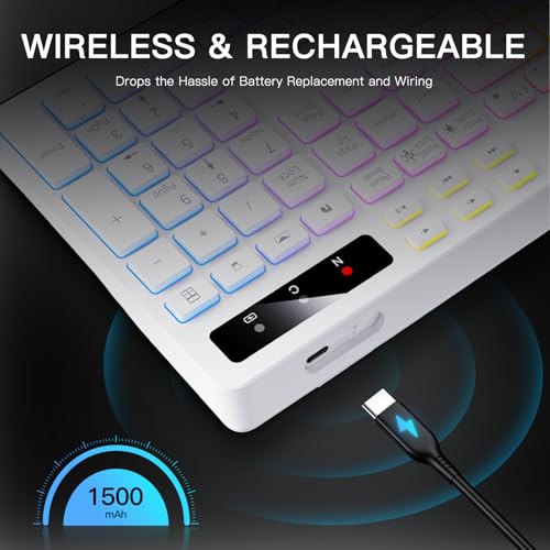 Image of Soueto Wireless Keyboard with 7-Color RGB Backlit, Full-Size Computer Keyboard with Phone Tablet Holder, 2.4G Rechargeable Gaming Keyboard with Light Up Keys, Compatible with Mac, Windows (White)