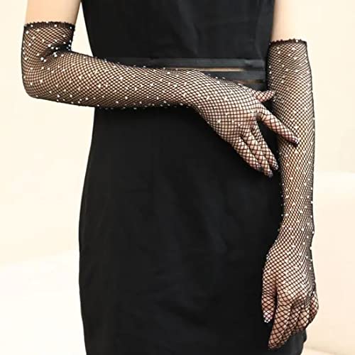 Image of DIAMOND EYE Rhinestone Fishnet Long Gloves Mesh Sparkly Glitter Fashion Opera Gloves For Party Halloween Costumes Accessories One Size Black