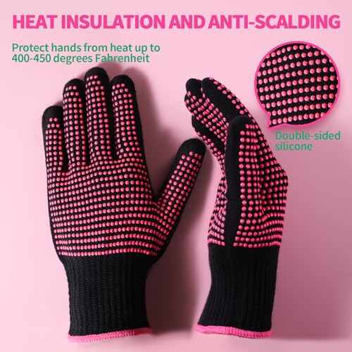 teenitor 2 pcs heat resistant gloves with silicone bumps professional heat proof glove mitts for hair styling curling iron wand flat iron hot-air brushes sublimation gloves rose red