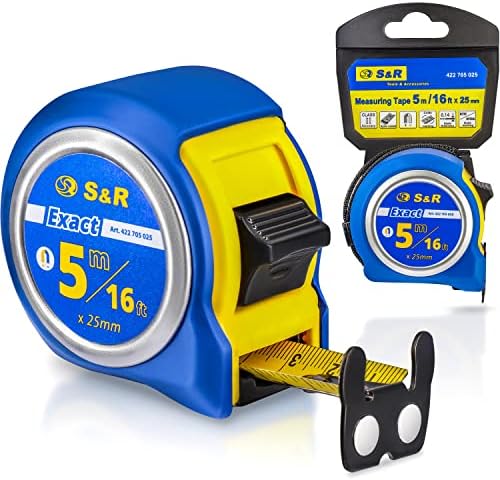 S&R Industriewerkzeuge Tape Measure Inch And Metric Q-Series 5M / 16 Ft, Tape 25 Mm, Nylon Coated, Measuring Pocket Tapes Impact Resistant, Rubberized Case