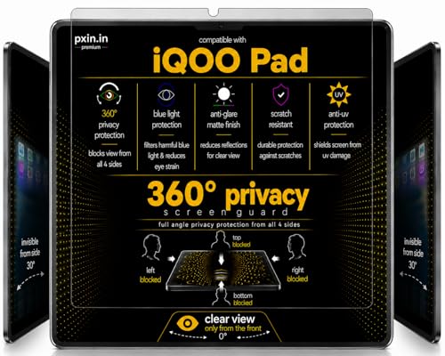 Image of Pxin 360 Pro Privacy Screen guard compatible with iQOO Pad | Anti Glare | Anti UV | Anti Blue | Anti Reflection | Privacy Filter | Unbreakable Build