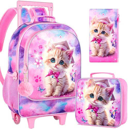 gxtvo Girls Rolling Backpack, Cute Cat Roller Wheels Kids Bookbag - Wheeled Elementary School Bag - 3PCS Cat