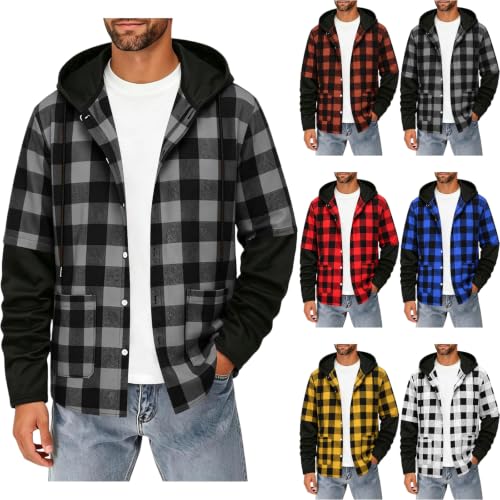 Men Flannel Shirts Casual Long Sleeve Button Down Shirt Plaid Hooded Jacket - image 1