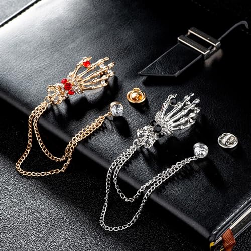 Image of Gothic Halloween Skull Hand Brooch Pin for Women Men Punk Vintage Crystal Skeleton Tassel Chain Lapel Pins Dark Skull Brooches Sweater Suit Accessory