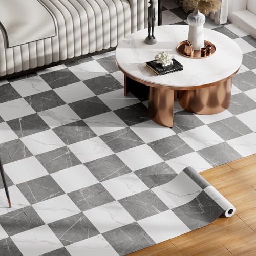 Durteljana Rollo de vinilo autoadhesivo de 15.75 x 393 pulgadas/43 pies cuadrados, rollo de suelo laminado de linóleo gris y blanco, adhesivo impermeable para mejorar la habitación del hogar