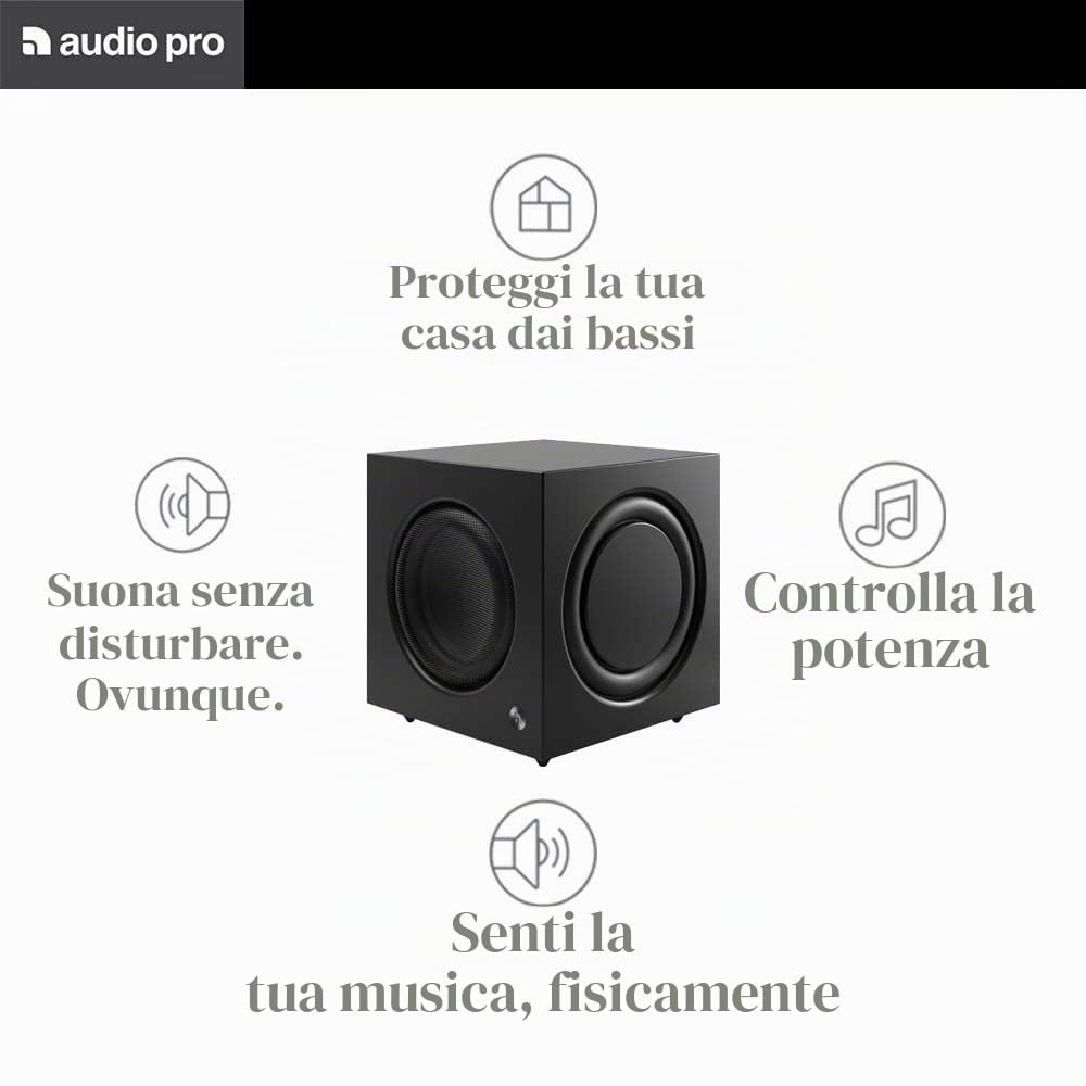 Audio Pro Subwoofer Bass Reflex Con Cavo - Immergiti nei Suoni più Profondi dei tuoi Film e Canzoni Preferite - Streaming Audio, TV - Wi-Fi - Amplificatore Digitale Classe D - 200W SW-10 - Nero