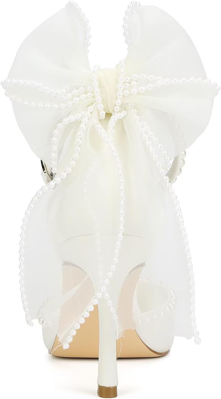 Women’s Bow Tie Back Heels Pearl Wedding Shoes for Bride Closed Toe Bridal Shoes - Image 5