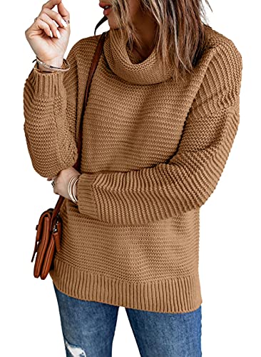 ZKESS Womens Long Sleeve Fashion Casual Turtleneck Pullover Chunky Cable Knit Sweater Tops Khaki S 4 6