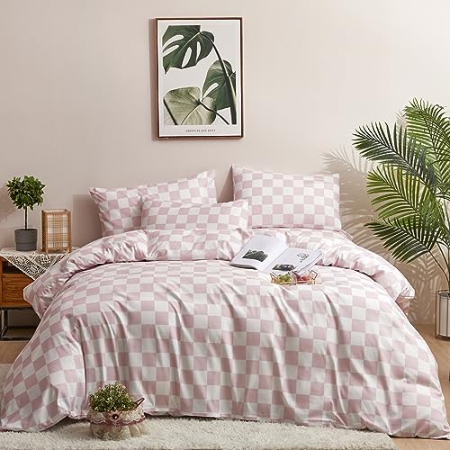 Image of KAREVER Pink Grid Comforter Full Pink Plaid Bedding Set Girls Pink White Checkered Bed Comforter Set Breathable Blanket Set Kids Durable Bedding Comforter Set