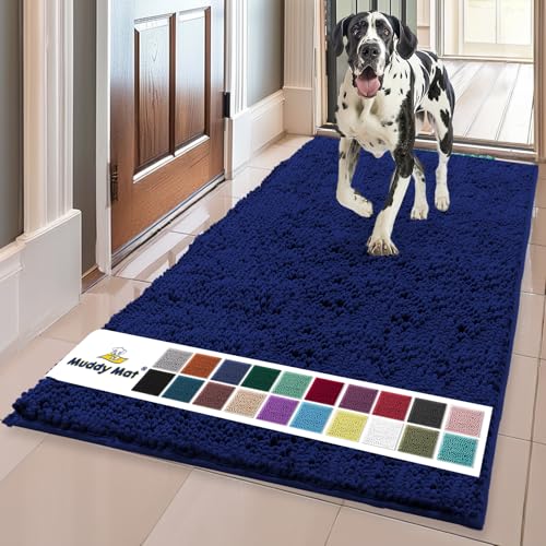Muddy Mat® AS-SEEN-ON-TV Highly Absorbent Microfiber Dog Door Mat and Pet Rug, Non Slip Thick Washable Area and Bath Mat Soft Chenille for Kitchen Bathroom Bedroom and Indoor - Navy Blue XL 59"X35"