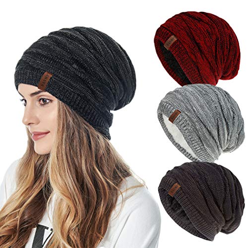 DANMY Winter Hats for Women,Warm Chunky Soft Cable Knit Womens Beanie Hats,Women Beanie Hats for Winter (red Gray navygray, 3pcs)
