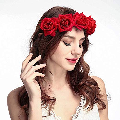 Miniatura 6 de Tvoip Guirnalda de corona floral rosa con diadema de flores para festival de boda rojo